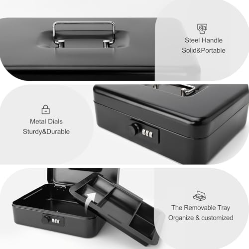 Jssmst Large Cash Box with Combination Lock – Durable Metal Cash Box with Money Tray Black(9.8 x 7.9 x 3.5), SM-CB07001L - color: Black, size: Large