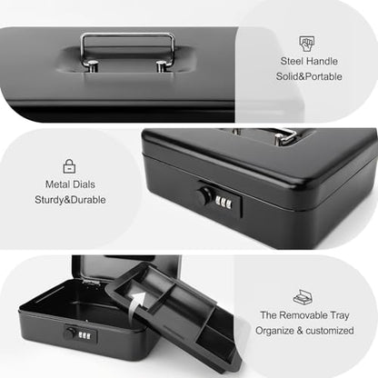 Jssmst Large Cash Box with Combination Lock – Durable Metal Cash Box with Money Tray Black(9.8 x 7.9 x 3.5), SM-CB07001L - color: Black, size: Large