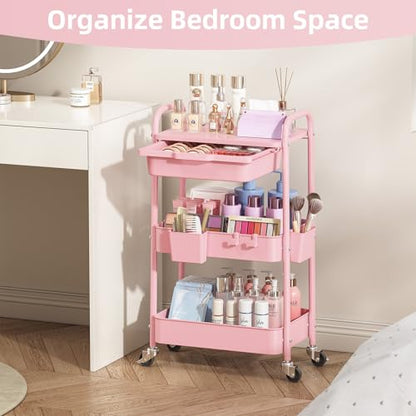 KINGRACK 3 Tier Metal Rolling Cart with Drawer, Pink Utility Storage Cart - color: Pink