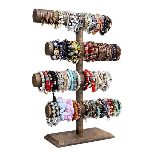 LadyRosian 4 Tier Wooden Display Jewelry Accessory Stand Jewelry Bracelet Holder Bangle Watch Necklace Storage Jewelry Holder Stand Display Organizer (Brown-4 layers) - color: Brown 4-Tier