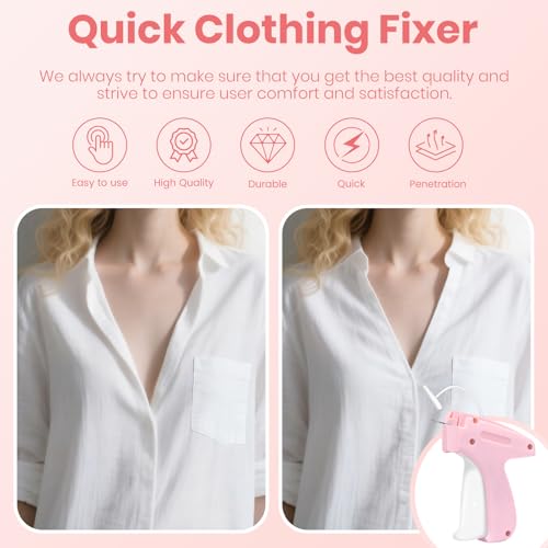ASUNO Stitch Gun for Clothes Handheld Tag Quick Clothing Fixer Tagging Sewing Kit Includes 6 Needle 1000 Black Fasteners & 1000 White Fasteners Pink