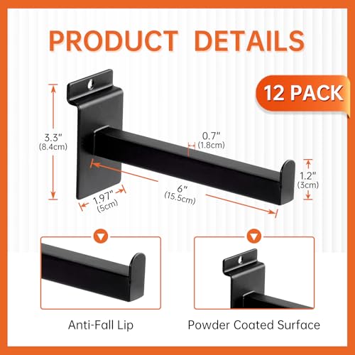 6 Inch Square Tubing Slatwall Shelf Bracket , Heavy Duty Slat Wall Floating Shelf Bracket with Lip, Slatwall Accessories for Retail Display,Garage (12Pcs, Black) - size: 6 Inch