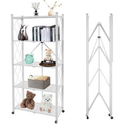 5-Tier Folding Shelf with Wheels No Assembly Portable Shelves - color: White, size: 5 Tier