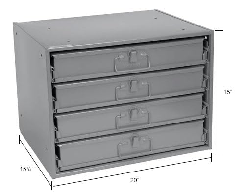 Global Industrial Durham Steel Compartment Box Rack with Four Adjustable Divider Compartment Boxes, 18" L x 12" W x 3" H Boxes, 20" L x 15-3/4"W x 15" H Overall