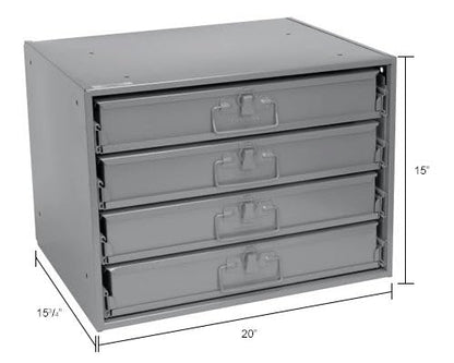 Global Industrial Durham Steel Compartment Box Rack with Four Adjustable Divider Compartment Boxes, 18" L x 12" W x 3" H Boxes, 20" L x 15-3/4"W x 15" H Overall