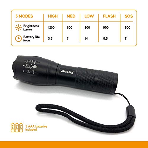 LED Flashlight High Powered – 1200 Lumens Bright Zoomable Spotlight or Floodlight - 5 Modes - Brightest Ultra Light, Pocket Size, Waterproof, Tactical - Camping, Travel, Emergencies