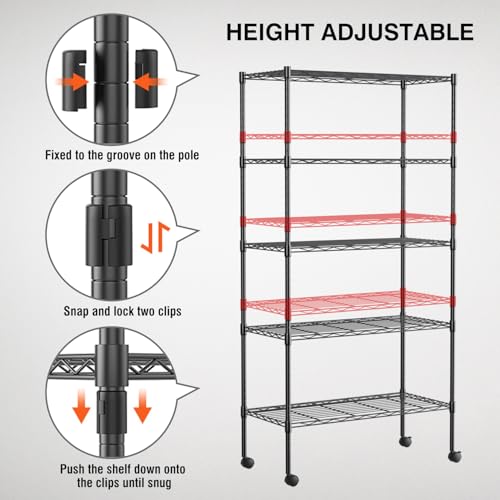 FDW | 5-Tier Wire Shelf with Wheels | 30" x 14" x 61" | Black - color: Black, size: 5-Shelf With Wheels