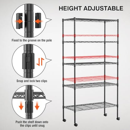 FDW | 5-Tier Wire Shelf with Wheels | 30" x 14" x 61" | Black - color: Black, size: 5-Shelf With Wheels