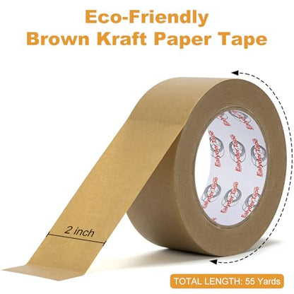 Brown Kraft Paper Packing Tape 2" x 55Yd Easy Tear Eco-Friendly Tape 6 Roll - size: 6 Roll - 2 Inch x 55 Yards