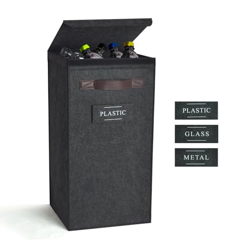 Recycling Bin for Kitchen 13 Gallon, Indoor Recycle Bin with Lid, 50L Recycle Trash Can, Large Recycling Bin for Home with Plastic Glass Metal Labels (Grey, 13 Gallon) - size: 13 Gallon