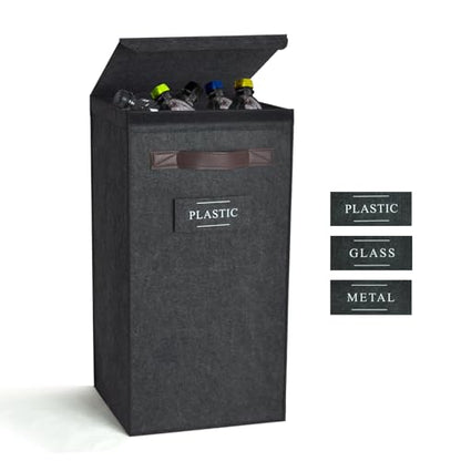 Recycling Bin for Kitchen 13 Gallon, Indoor Recycle Bin with Lid, 50L Recycle Trash Can, Large Recycling Bin for Home with Plastic Glass Metal Labels (Grey, 13 Gallon) - size: 13 Gallon