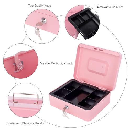 Cash Box with Lock and Money Tray Metal Money Box Large Cash Lock Box for Money 9.84" x 7.87" x 3.54" Pink Larger - color: Pink-Large