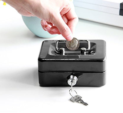 Small Cash Box with Lock and Slot - Jssmst Metal Coin Bank Small Lock Box, Black(SMCB0301N) - color: Black, size: XS(4.92")-slot