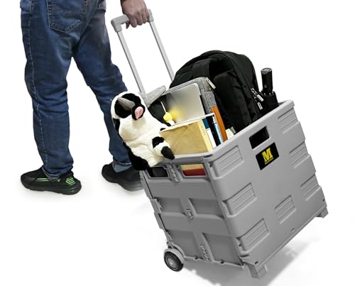 MaxWorks Collapsible Rolling Utility Cart with Lid 80 lb Capacity Folding Dolly with Telescoping Handle Heavy Duty Plastic Crate on Wheels for Shopping Office and Teachers (50876)