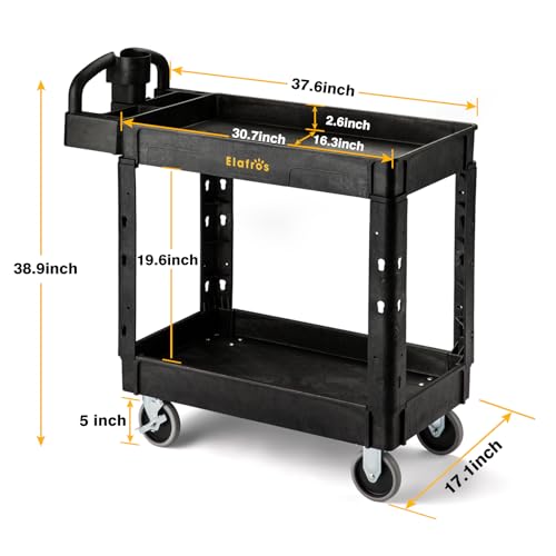 ELAFROS 2-Tier Heavy Duty Utility Cart with Ergonomic Handle, 37.5 x 17 in