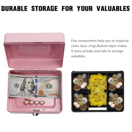 Steel Cash Box with Key Lock, Metal Small Money Organizer with Money Tray,Cash Storage Box with Lockable Cover (Pink - 5.9" x 3.1" x 4.7") - color: Pink - 5.9" x 3.1" x 4.7"