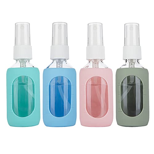HOMBYS Empty Clear Glass 2oz Small Spray Bottles with Silicone Sleeve Protection - Refillable Containers for Travel, Cleaning Solutions, Essential Oils, Sanitizers - Fine Mist Spray - 4 Pack-Clear - color: Green,Blue,Pink,Army Green