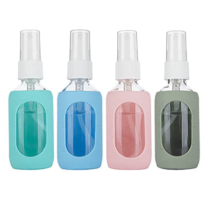 HOMBYS Empty Clear Glass 2oz Small Spray Bottles with Silicone Sleeve Protection - Refillable Containers for Travel, Cleaning Solutions, Essential Oils, Sanitizers - Fine Mist Spray - 4 Pack-Clear - color: Green,Blue,Pink,Army Green