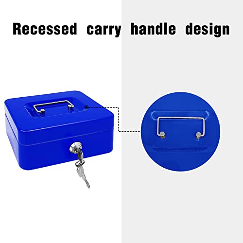 Steel Cash Box with Key Lock, Metal Small Money Organizer with Money Tray,Cash Storage Box with Lockable Cover (Blue - 8 inch) - color: Blue - 7.8" x 6.3" x 3.3"