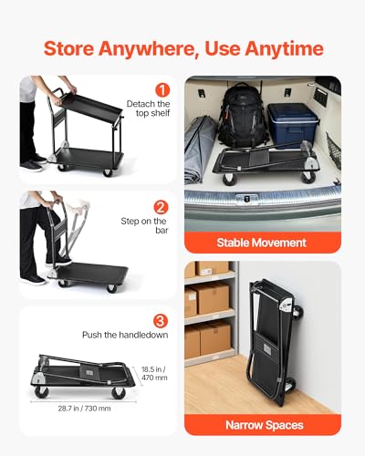 VEVOR Heavy Duty 2 Tier Platform Hand Truck, 700 lbs 2 Tier Push Tool Cart with High-Strength Steel, Utility Cart for Warehouse, Garage, Workshop, Office - size: 28.7 x 18.5 x 32.3 in/ 730 x 470 x 820 mm