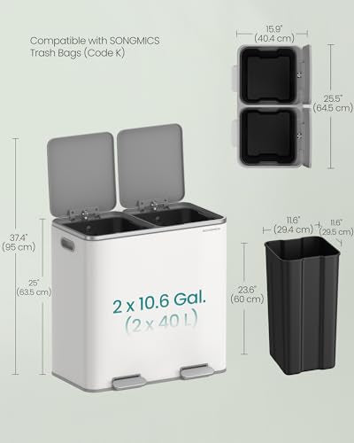SONGMICS Trash Can, 2 x 10.6 Gallon (2 x 40 L), White and Gray - color: White + Gray, size: 2 x 10.6 Gallon