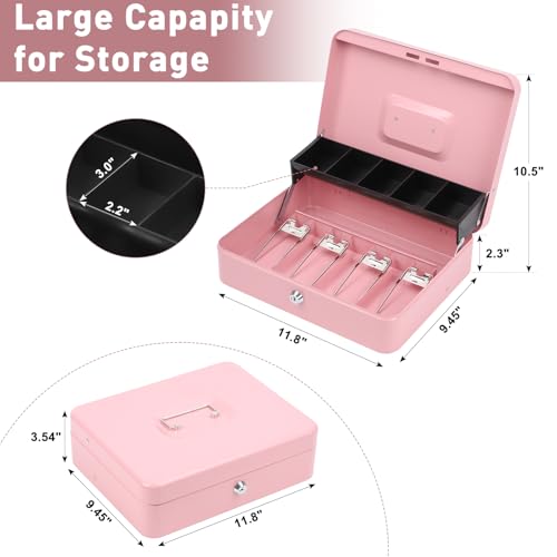 KYODOLED Locking Cash Box with Lock, Money Box with Cash Tray,Lock Safe Box with Key, Money Saving Organizer, 11.81Lx 9.45Wx 3.54H Inches, Pink XL Large - color: Pink