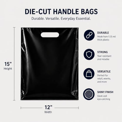 200 Pack Black Plastic Merchandise Bags with Die-Cut Handles, 12" x 15"