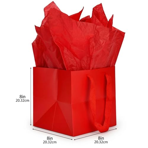 Papertide 24 Pack 8x8x8 inch Red Square Gift Bags with Tissue Ppaper - color: Red