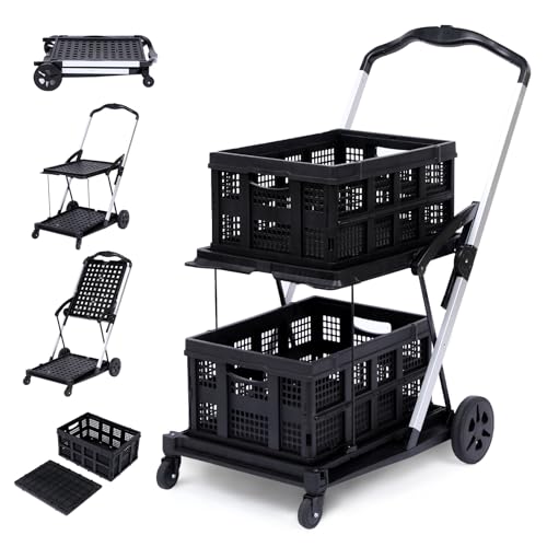 2 Tier Folding Shopping Carts, Multipurpose Rolling Trolley with 360 Rolling Swivel Wheels & Storage Crate, Rolling Organizer for Groceries, Warehouse,Outdoor, 2 Cargo Boxes