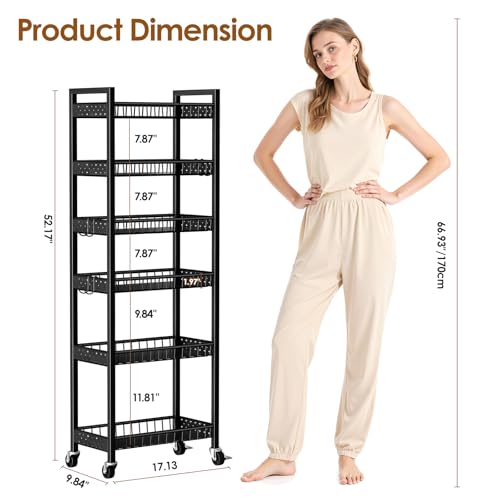 6 Tier Slim Storage Cart, Narrow Rolling Cart with Wheels, 10in(W) - color: Black, size: 6 Tier(10 in)