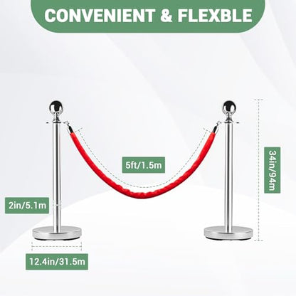 4 Pcs Commercial Stainless Steel Stanchion Posts with 2x5ft Red Velvet Ropes, Quick Setup, Crowd Control Posts and Ropes, Event Barrier with Hollow Base for Queue/Party/Red Carpet