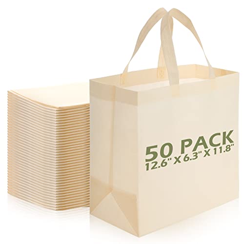 Reginary 50 Pcs Reusable Tote Bags Shopping Bags Non Woven, Beige - color: Beige