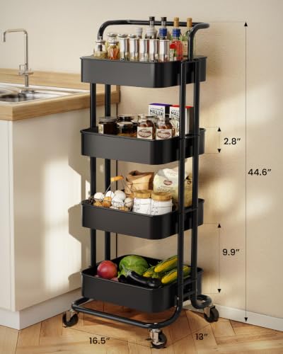 Pipishell Metal 4 Tier Rolling Cart with Handle & 2 Lockable Wheels, Black - color: Black, size: 4-Tier