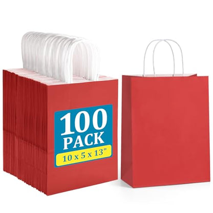 BagDream Gift Paper Bags with Handles 10x5x13 Inch Bright Red 100 Pack Bulk - color: Red
