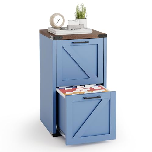 VINGLI 2 Drawer Farmhouse Metal File Cabinet, Home Office Filing Organizer for Letter File Folder Storage, Printer Stand with Drawers, Archivador, Vertical Filing Cabinet for Study, Business (Blue) - color: Blue & Brown, size: 2 Drawer