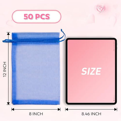 ANZNKU 50 Pcs Large Organza Bags 8x12, Small Mesh Gift Bag Drawstring Bulk - color: Royal Blue