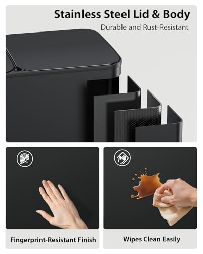 Dual Trash and Recycling Bins for Kitchen, 2×13 Gallon (2× 50L) Stainless Steel Trash and Recycle Bin Combo with Soft-Close Lid, Large Garbage Cans for Kitchen Home with 2 Magnets Sticker, Black - color: Black