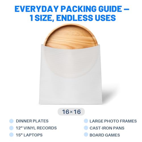 Large Thickened Cushion Foam Pouches, 50 Pack, 16×16 in, 1/14" (1.8 mm) Thick + 30 Fragile Labels, Reusable Moving Packing Supplies for Dishes, Plates & Fragile Items