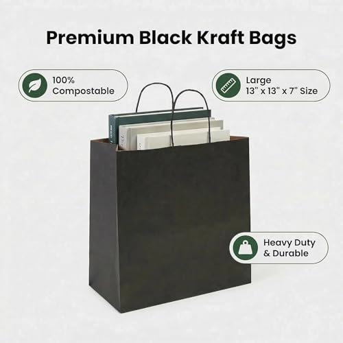 Large Black Kraft Paper Gift Bags with Handles, 13x7x13 Inch, 100Pack - color: Black-100