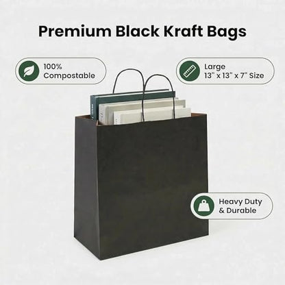 Large Black Kraft Paper Gift Bags with Handles, 13x7x13 Inch, 50Pack - color: Black-50