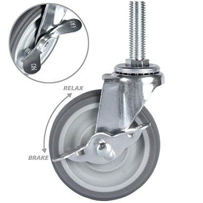 Finnhomy Caster Wheels 3 Inch Set of 4 Heavy Duty Threaded Stem Casters 1/2"-13x1-1/2 Swivel Rubber Industrial Castors Locking Wheels for Wire Shelving/Furniture/Carts Load Bearing 720 Lbs Gray - size: 1/2" -13 x 1-1/2" (with Brake)