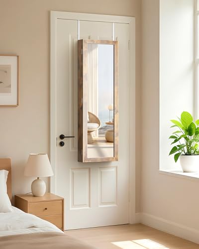 Nicetree 6 LEDs Mirror Jewelry Cabinet, Wall/Door Mounted,Rustic Brown - color: Rustic Brown
