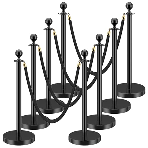 LOVMOR Crowd Control Stanchion, Set with 5 ft/1.5 m Red Velvet Rope, Set of 8 Pieces, Stanchion Rope Divider, Black Queue Barrier Line Divider with Fillable Plastic Base, Airport - color: Black-8pack