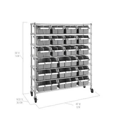 7-Tier NSF 21-Bin Steel Wire Shelving Rack, 48"W x 14"D x 56"H, Gray - color: Gray, size: Includes 21 Bins