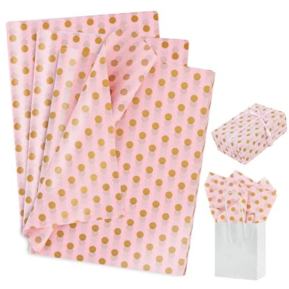 BEISHIDA Pink and Gold Tissue Paper Bulk, Polka Dot Wrapping Tissue Paper for Gift Bags, 14 x 20 Inch Gift Wrap for Christmas Birthday Wedding Graduation DIY Crafts Holiday Flowers,50 Sheets - color: dots-pinkgold