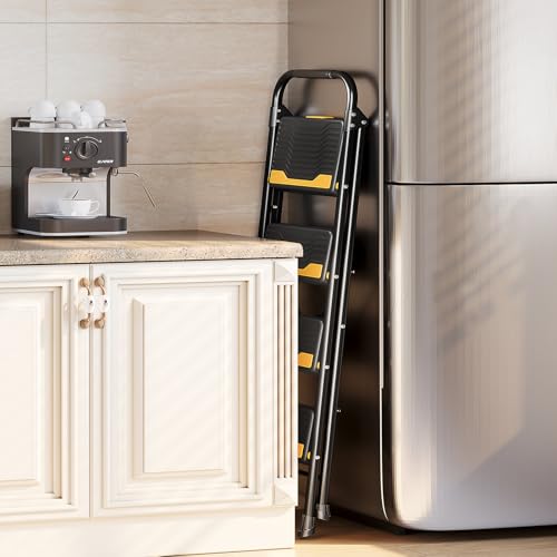 Urackify 4 Step Ladder, Heavy-Duty Pass 800lb Capacity Test, Wide Anti-Slip Steps & Secure Handrail Compact, Folding Step Stool Portable Design for Home, Kitchen, Office, Pantry, Closet Use, Black - size: 4-step