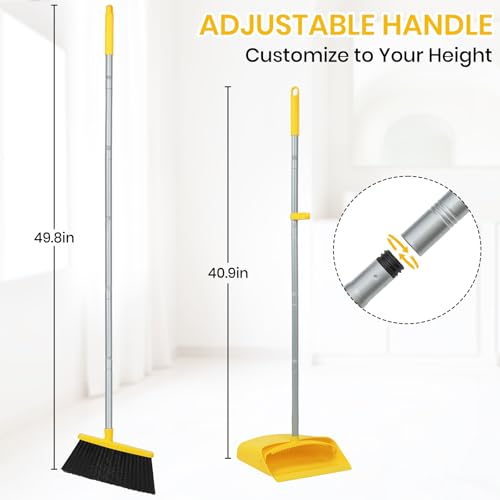 Stand Up Dustpan and Broom Set 50” Long Handle Broom with Dust Pan, with Self Cleaning Combe for Ergonomic Home Office Classroom Indoor Sweeping - color: Yellow