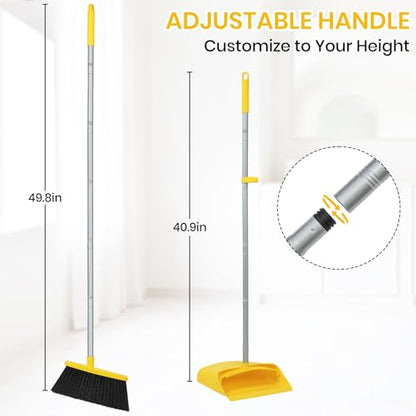 Stand Up Dustpan and Broom Set 50” Long Handle Broom with Dust Pan, with Self Cleaning Combe for Ergonomic Home Office Classroom Indoor Sweeping - color: Yellow