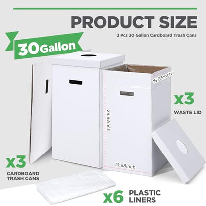 3 Pcs 30 Gallon Disposable Cardboard Trash Cans with Lids and Bags - size: 30 Gallon