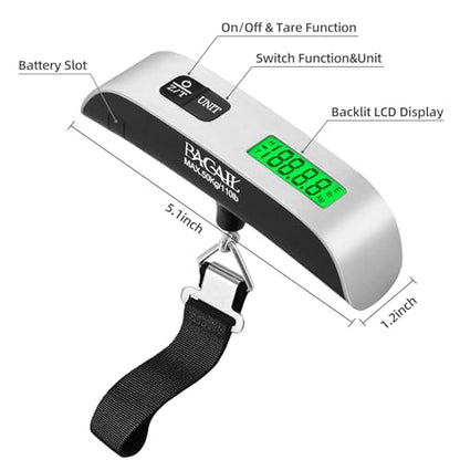 BAGAIL Digital Luggage Scale, 110lbs Hanging Baggage Scale with Backlit LCD Display, Portable Suitcase Weighing Scale, Travel Luggage Weight Scale with Hook, Strong Straps for Travelers - color: Ash Silver